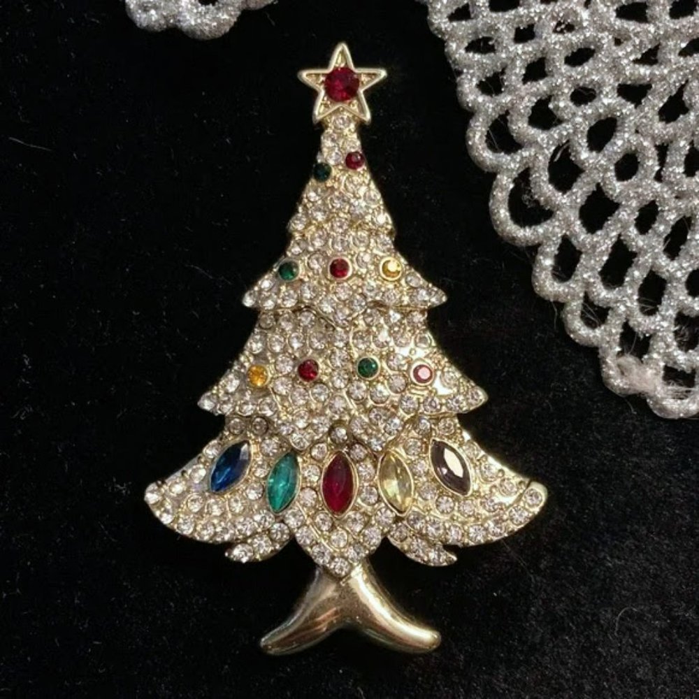 Rhinestone crystal multi-color Christmas Tree Brooch 2.5"